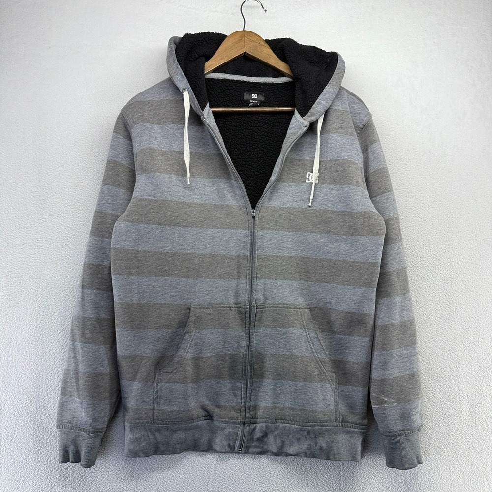 Vintage DC Skateboards Hoodie men's Medium Gray Striped Fleece Sherpa Lined Y2k